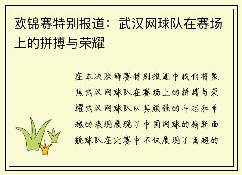 欧锦赛特别报道：武汉网球队在赛场上的拼搏与荣耀