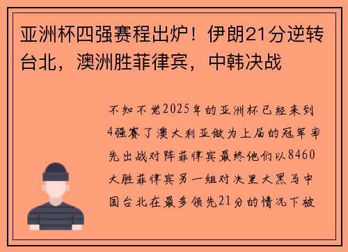 亚洲杯四强赛程出炉！伊朗21分逆转台北，澳洲胜菲律宾，中韩决战