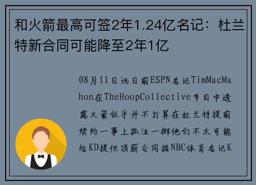 和火箭最高可签2年1.24亿名记：杜兰特新合同可能降至2年1亿