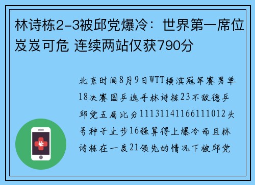 林诗栋2-3被邱党爆冷：世界第一席位岌岌可危 连续两站仅获790分
